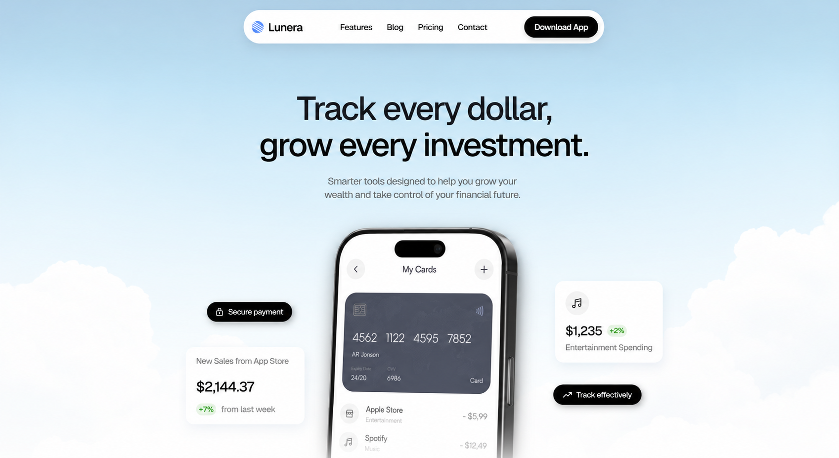 Website de app financeira com mockup de telemóvel e cartões