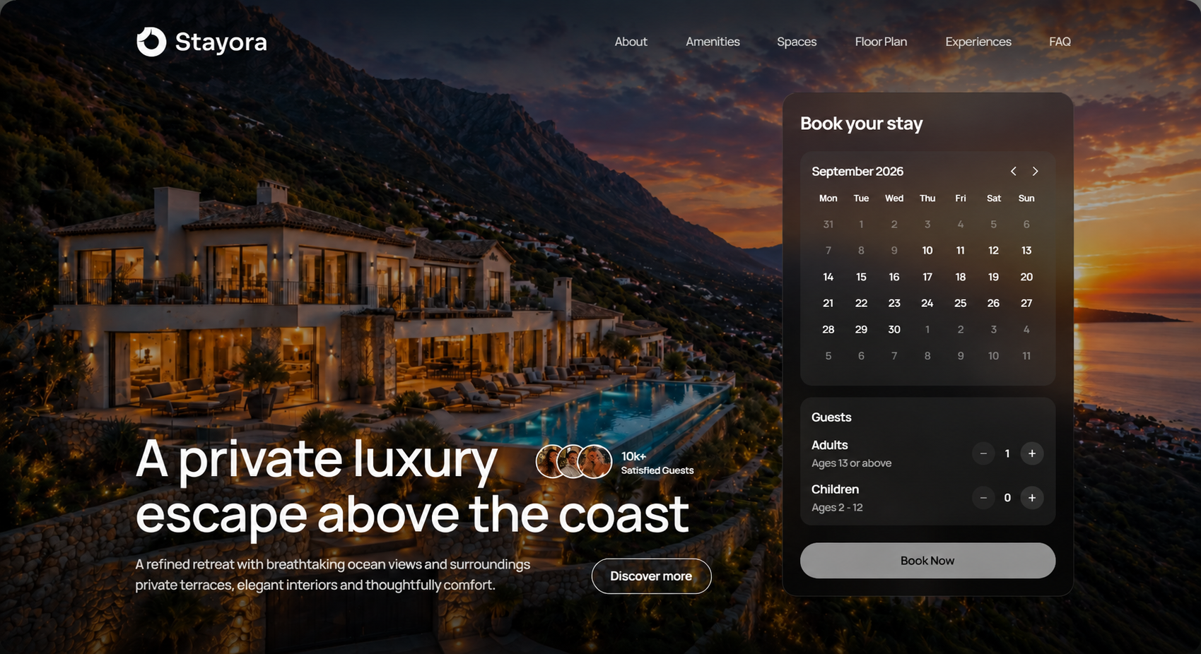 Website de reservas de luxo com vista para villa ao pôr do sol
